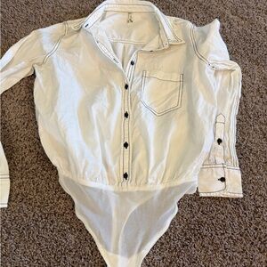 Free People White Bodysuit with Black Stitching